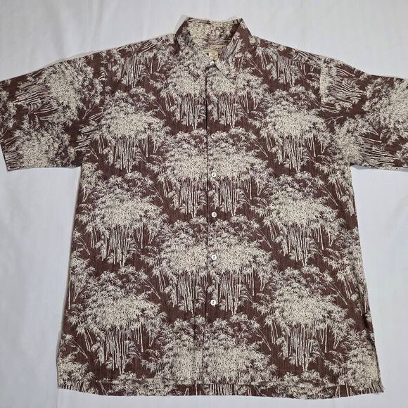 TORI RICHARD HAWAIIAN CAMP SHIRT COTTON BROWN CREAM WOODBLOCK STYLE MENS MEDIUM - Picture 1 of 5